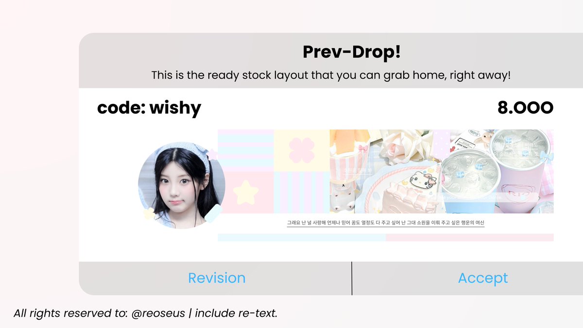 reoseus's tweet image. tolong repost, thankies! ♥︎ #zonauang 

i have 4 ready stock of soft layout with code: wishyㅡ captured of Wonyoung, Ulzzang, and Wonhee. 🐰🩷 you can take 'em by 8.000! free retext, dm me to pick 'em. ♥︎