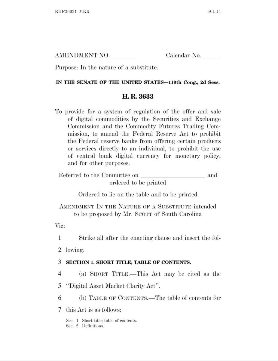WatcherGuru's tweet image. JUST IN: 🇺🇸 US Senate unveils crypto market structure draft bill.