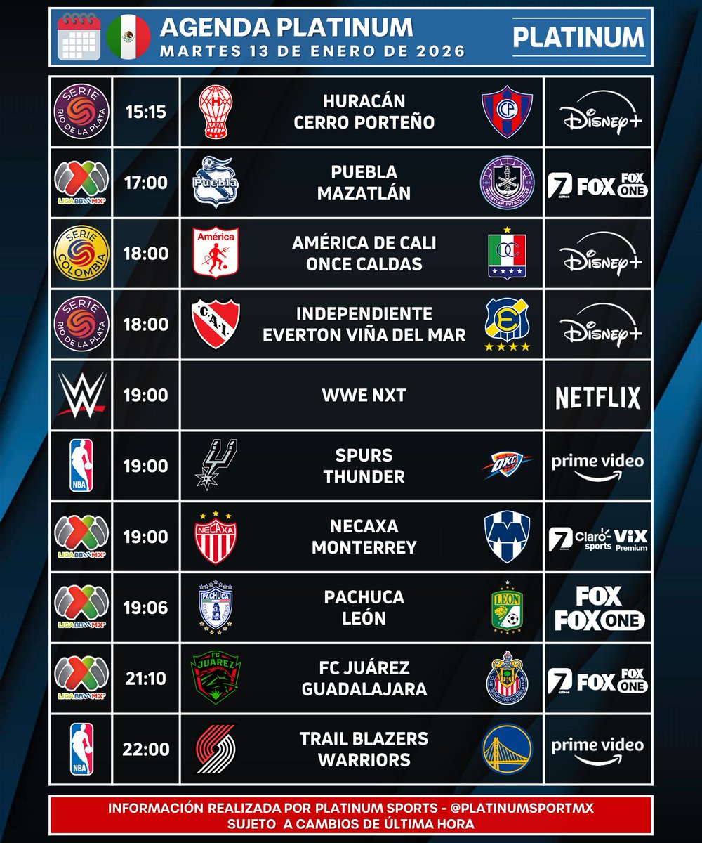 ¡MARTES 13 DE BENDITO FÚTBOL!

🇲🇽 #AgendaPLATINUM
🗓️ Martes 13 de Enero de 2026

⏰📺 Horarios y transmisiones para México.
⚠️ Sujeto a cambios.