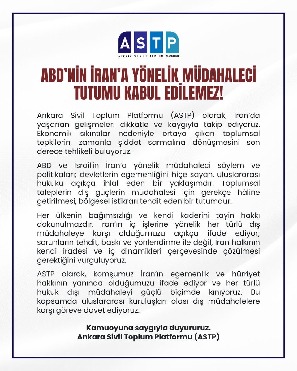 ABD’NİN İRAN’A YÖNELİK TUTUMU KABUL EDİLEMEZ!

Ankara Sivil Toplum Platformu (ASTP) olarak, İran’da yaşanan gelişmeleri dikkatle ve kaygıyla takip ediyoruz.