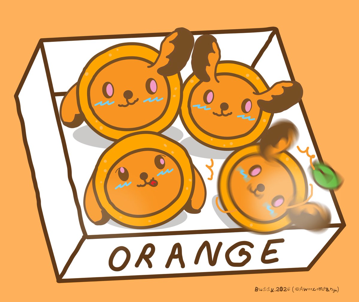 ส้มสักลูกมั้ย!
Orange. 

Fruity collection 
Character 's name : Buddy ( golden retriever dog )
<a href="/awoocompany/">awoocompany #IFEXPO26</a> 

#illustration #originalcharacter #イラスト #orange #ชุมชนนักวาด