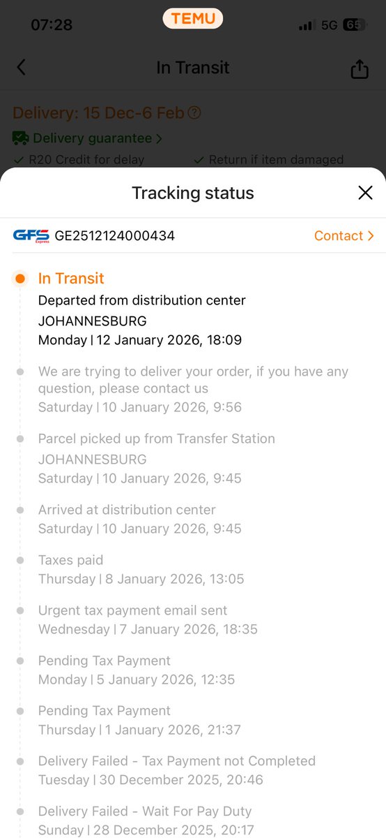 I need my orders now! Stop excuses, this is illegal! <a href="/gfs_za/">GFS Express ZA</a> <a href="/GFS_Care/">‎GFS Express Customer Care</a> 

How does a parcel depart twice from the same Warehouse! ???? Nobody has called me, stop nonsense and deliver!!! You guys must be exposed!

<a href="/temu_africa/">Temu_SouthAfrica</a> <a href="/shoptemu/">Temu</a> please intervene,