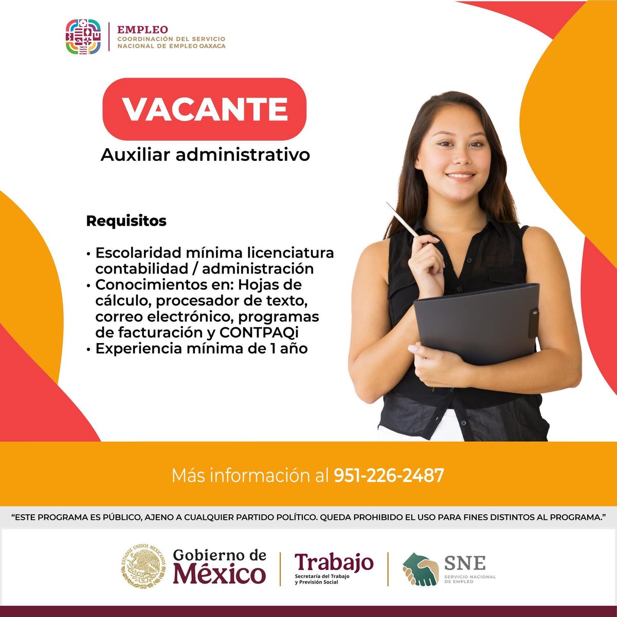 SNEOaxaca's tweet image. #VACANTE AUXILIAR ADMINISTRATIVO EN OAXACA DE JUÁREZ

MÁS INFORMACIÓN 
☎️ 951-226-2487

 #SNE #Oaxaca #Empleo #EmpleoFormal #Trabajo #Valles #VallesCentrales #Enero #BuscarEmpleo #VacantesLaborales #OfertasDeTrabajo