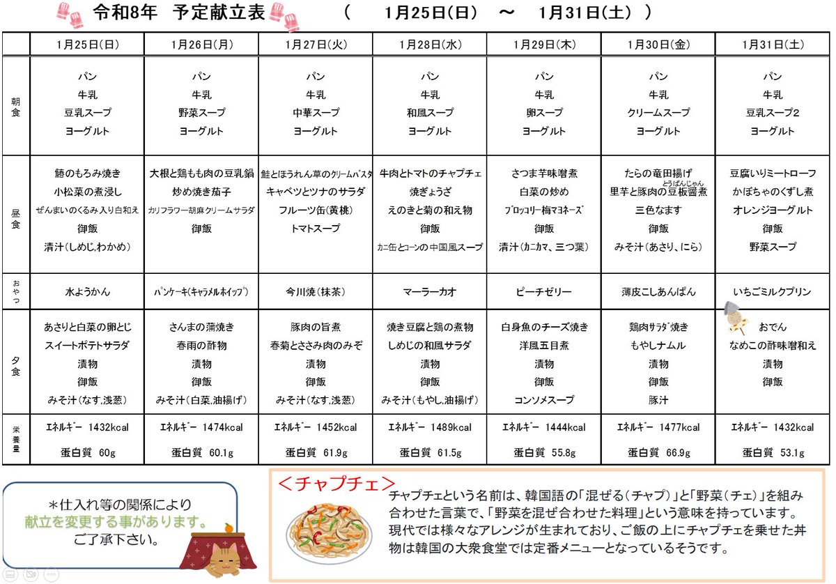こんにちは！恒春ノ郷　栄養課です⛄️
1/18～1/31の週間予定献立表になります🍢
 #郷の食事