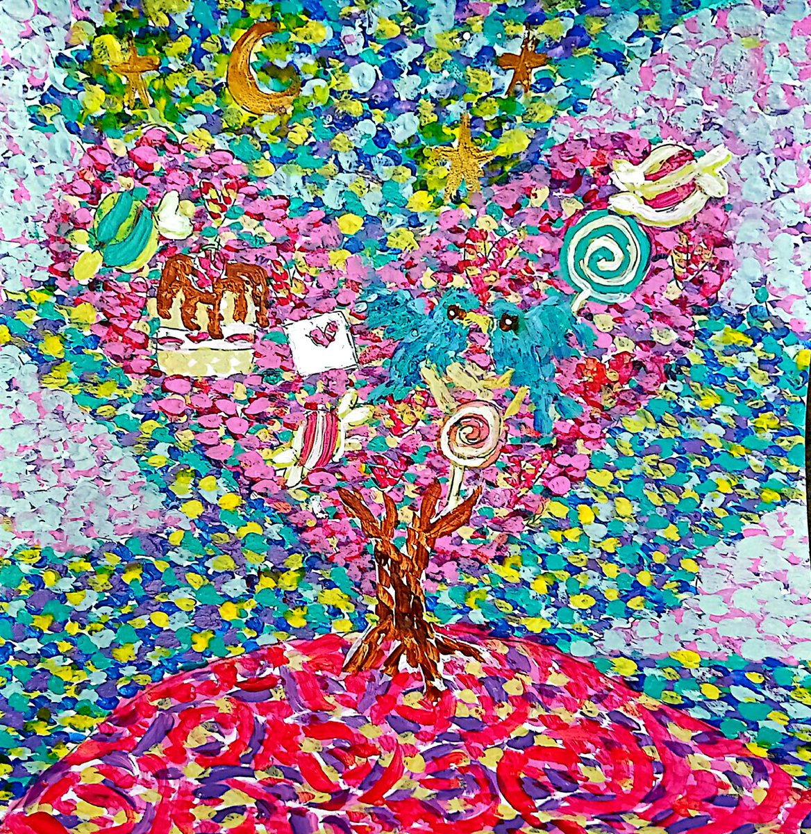 「相合傘」齋藤郁恵作画　原画　点描画　ヒーリングアート　A4サイズ アウトサイダーアート💖点描画家🎨齋藤郁恵🧸 (@ikue_art) / Posts / X