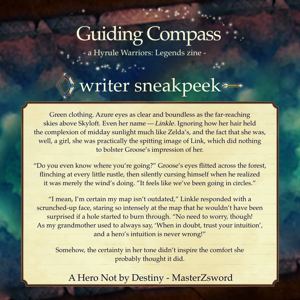 🧭CONTRIBUTOR PREVIEW🧭

From @/MasterZsword on AO3 is a story of a meeting that was entirely unexpected—a hero that reflects the past and one who begrudgingly joins her on a journey to find out what is going on here?!

Look forward to the zine release on the 21st of January!