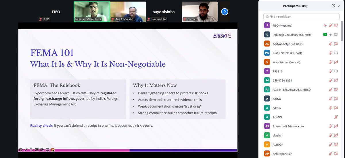 FieoHq's tweet image. #FIEO conducted an insightful session 📘 on “RBI-Compliant Routes for Securely Receiving International Payments.” 💱 on January 13, 2026 🗓️.

The session was led by Mr Indunath Chaudhary, Co-Founder &amp;amp; COO, #BRISKPE 👨‍💼, and facilitated by Mr Pratik Ashok Navale, Assistant