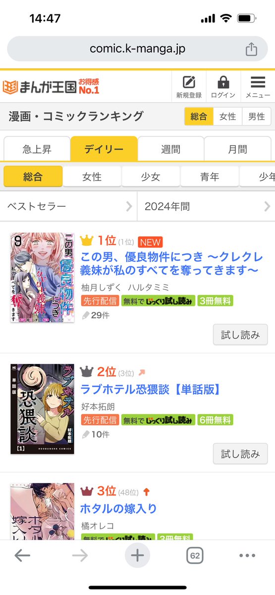 MangaRyota's tweet image. 【２書店同時ランキング１位‼️】
「この男、優良物件につき ～クレクレ義妹が私のすべてを奪ってきます～」
1/10からコミックシーモアで配信開始し、早速デイリーランキング総合１位を獲得！

今日はまんが王国でもランキング総合１位ですので、
２書店同時に総合１位の快挙です！…