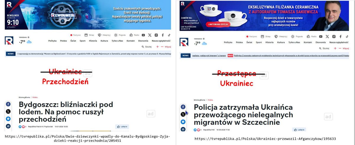 Podział obywateli Ukrainy według TV Republika‼️

Ukrainiec – zły człowiek Przewozi trzech Afgańczyków. Nielegalnie. Przestępstwo. Narodowość?
Natychmiast w tytule. Na samym początku. Żeby nikt nie przeoczył, i jeszcze dwa razy w tekście: UKRAINIEC.

Przechodzień – dobry człowiek