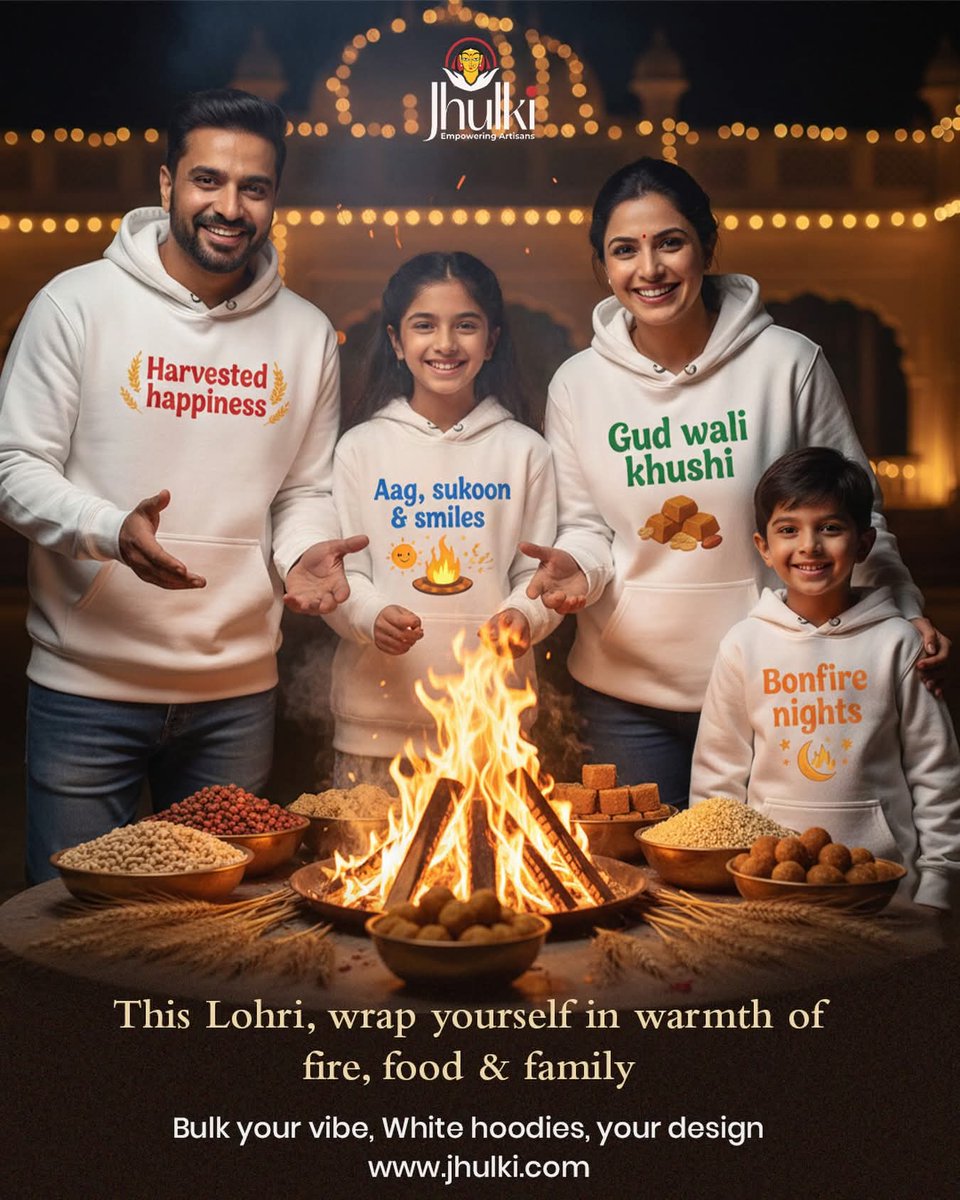 From playful words to heartfelt phrases, customised hoodies let every family member
wear their personality, their mood, their joy.
This Lohri, warmth wasn’t only from the fire, it came from shared smiles, familiar words,
and clothing made just for you.

#customisedhoodies