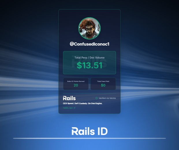 ConfusedIconoc1's tweet photo. Claimed my Rails ID. 20 Rails ID Points already locked in from my 13.51 total DEX volume.

The next step is starting an evaluation on Rails Play, the newest perps training ground from @rails_xyz, to earn boosted rewards.

Get your Rails ID: https://t.co/qVipn5NyP6 https://t.co/T4aNTzzkcW