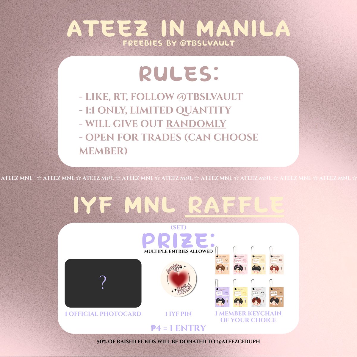tbslvault's tweet photo. Some more #ATEEZinManila freebies by me 🌟

✰ Like, rt &amp; mbf @tbslvault
✰ Keychains are open for trades
✰ Raffle prize must be claimed on concert day
✰ Read rules for more info

[ Raffle Form ]
˗ˏˋ ꒰ ✉︎ ꒱ ˎˊ˗ https://t.co/M1hCv89ZsB https://t.co/0RNKR44U1T