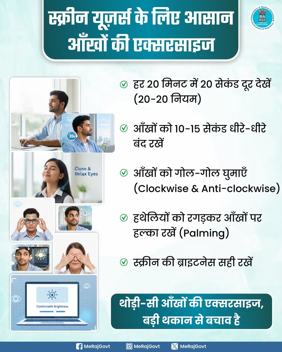 iecbharatpur's tweet image. लगातार स्क्रीन देखने से आँखों में जलन, सूखापन और थकान होना आम है। नियमित और आसान आँखों की एक्सरसाइज अपनाकर आँखों को आराम और सुरक्षा दी जा सकती है। काम के बीच आँखों को ब्रेक देना न भूलें।
#EyeCare #ScreenUsers #DigitalEyeStrain #HealthyEyes #EyeExercise #HealthAwareness