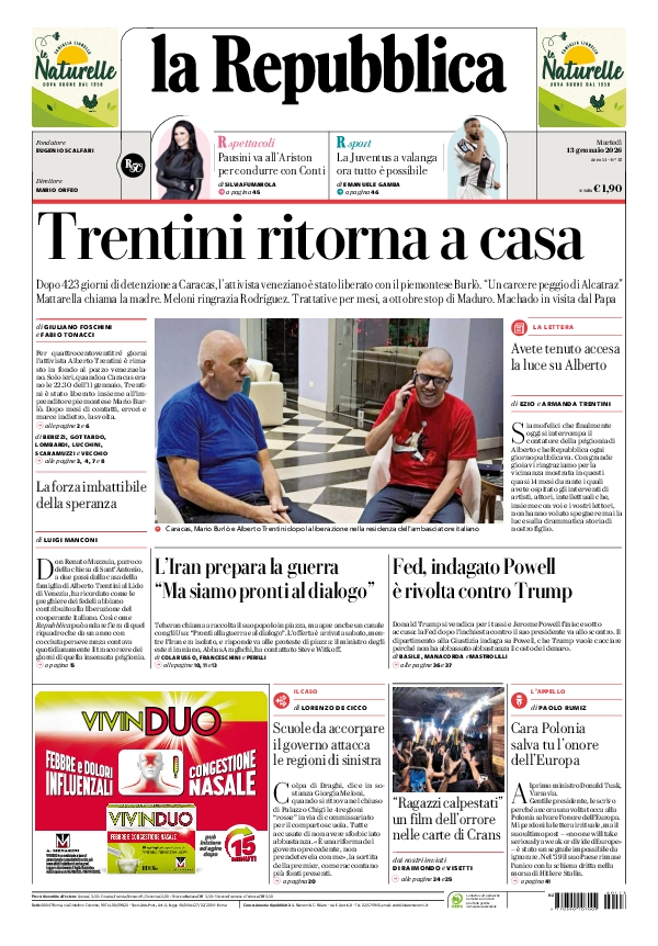 repubblica's tweet photo. La prima pagina di oggi #13january https://t.co/LZaZp2Gm1r 📰 https://t.co/G5ndFPB9zI