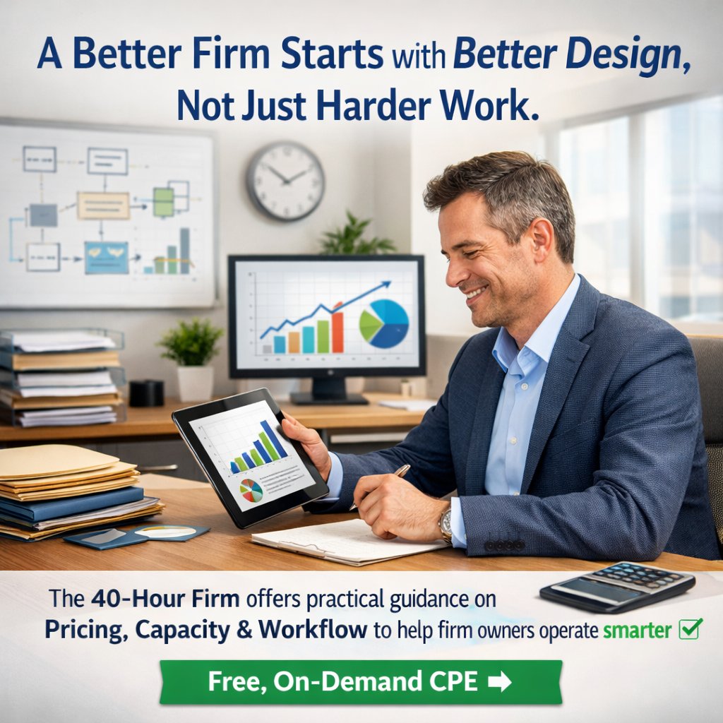 A better firm starts with better design, not just harder work.

The 40-Hour Firm offers practical guidance on pricing, capacity, and workflow to help firm owners operate smarter ✅

Free, on-demand CPE →
 👉 cpaacademy.org/s/webinar/a0DP…

#Accountants #CPAs #RenewYourFirm