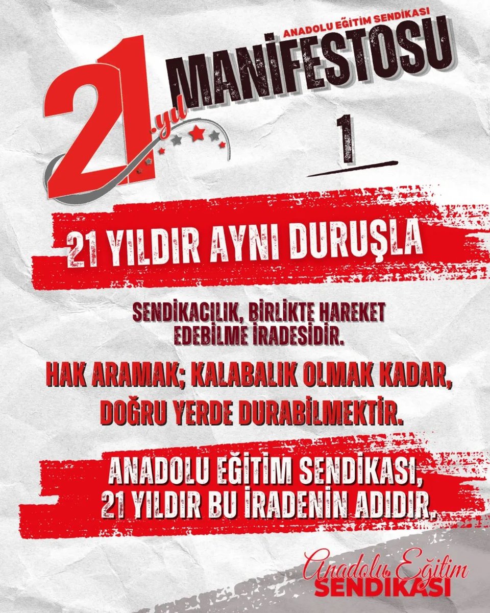 21 Yıldır Aynı Duruşla

➡️ Sendikacılık, birlikte hareket edebilme iradesidir.
➡️ Hak aramak; kalabalık olmak kadar, doğru yerde durabilmektir.
➡️ Anadolu Eğitim Sendikası, 21 yıldır bu iradenin adıdır.

#AndoluEğitimSendikası