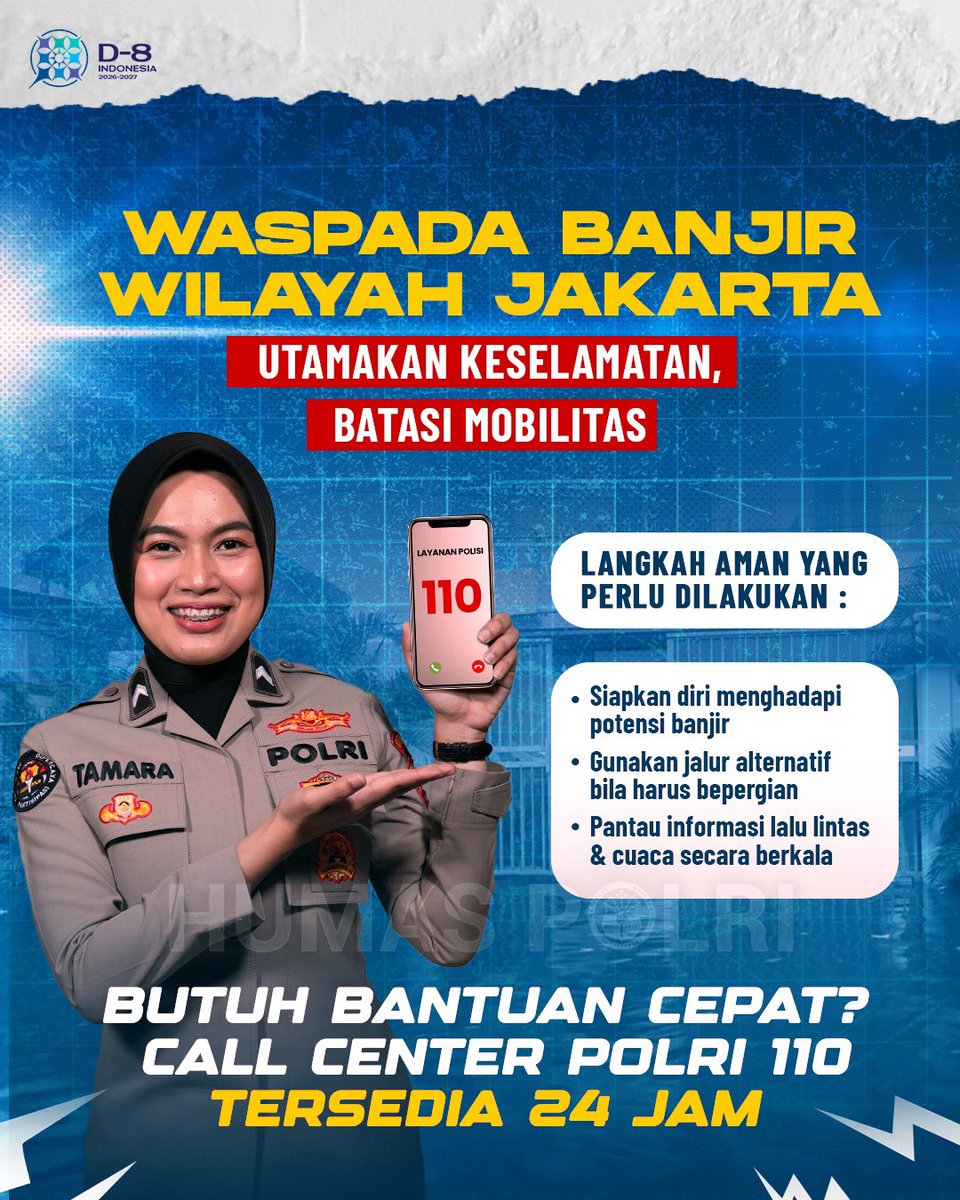 Waspada banjir di wilayah Jakarta. Sobat Polri diimbau untuk menjaga diri dan juga keluarga. Butuh bantuan mendesak? Hubungi layanan darurat Kepolisian 110. Layanan tersedia selama 24 jam.