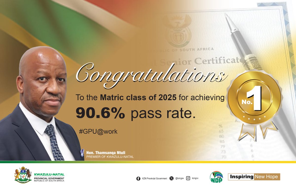 The honourable Premier of KwaZulu Natal congratulate the matric class of 2025.

#GPU@work