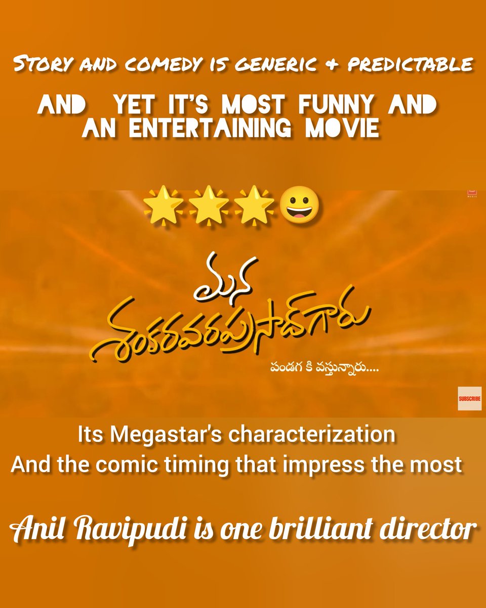 90sKidreViews's tweet photo. #ManaShankaraVaraPrasadGaru 🌟🌟🌟

  Megastar's @KChiruTweets comic timing is back.All kudos to this intelligent director Mr @AnilRavipudi
 
  Although there are some minor setbacks ,i enjoyed alot while watching this movie. I enjoyed it more than @VenkyMama 's Sankranthiki Vasthunnam.

My Thoughts 😊 :

  Its A routine story of a divorced couple, how they get back together & what all husband does to get back together told in FUNNIEST WAY POSSIBLE.

  Even when you know what’s coming next, Mr @AnilRavipudi makes sure you're entertained.
 
  Megastar @KChiruTweets is Effortless, funny, and vintage! His comic timing is the soul of the film.#Nayanthara is good in her role.

  Misala Pilla and Sasirekha songs by Beems Are good but rest of the songs and BGM is so generic.Venky and Chiru's combo deserves a much better song .

  #HarshaVardhan& #CatherineTresa got good roles and are  very funny in their roles.

  1st half of the film is very good ,Even though the story is routine, the screenplay is so fast-paced and funny that you never get bored.

  Film Dips a bit in the 2nd half.The mass elements & venky portions felt a little generic & forced .But Mr @VenkyMama is so charming and energetic and the combo entertains nicely.

  80% of the crowd in theater was families, and the laughs were non-stop.

  @AnilRavipudi mastered this genre and it's time he explores the other genres.

 Finally,If you want a fun time with family this festival, this is it! 🎟️

#90skidreviews
#megastarchiranjeevi
#AnilRavipudi
#ManaShankaraVaraPrasadGaruReview 
#Nayanatara
#Venkateshdaggubati 
#Review 
#TeluguMovie 
#Comedy