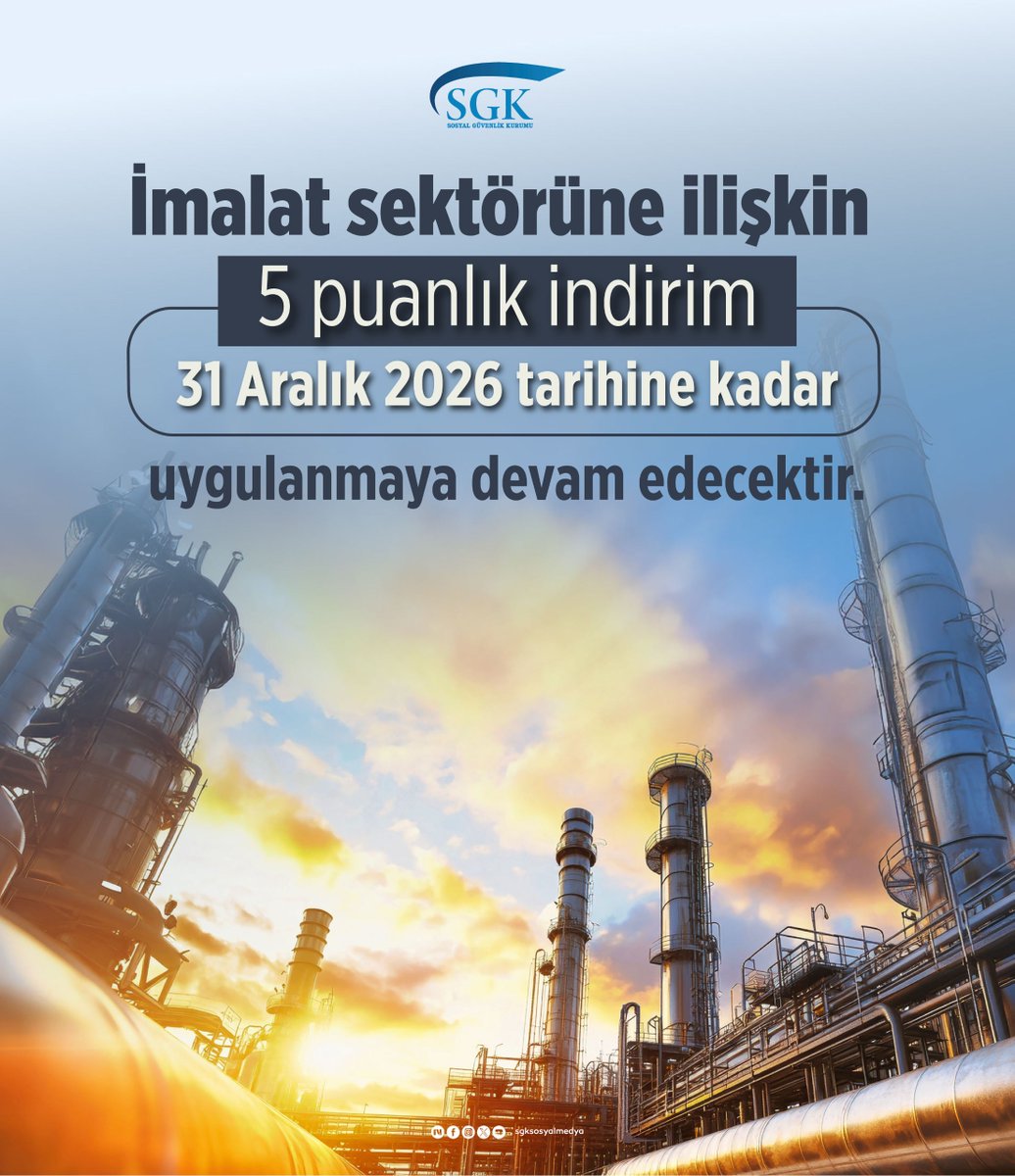 Üretimi destekleyen politikalarımızla maliyetlerin azalmasına katkı sağlıyoruz.

📣İmalat sektörüne ilişkin 5 puanlık indirim 31 Aralık 2026 tarihine kadar uygulanmaya devam edecektir.