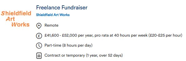 Jobs4Rojava's tweet photo. Freelance Fundraiser
Shieldfield Art Works
Remote
£41,600 - £52,000 per year, pro rata at 40 hours per week (£20-£25 per hour)
Part-time (8 hours per day)
Contract or temporary (1 year, over 52 days) https://t.co/oE1iQsUhB9