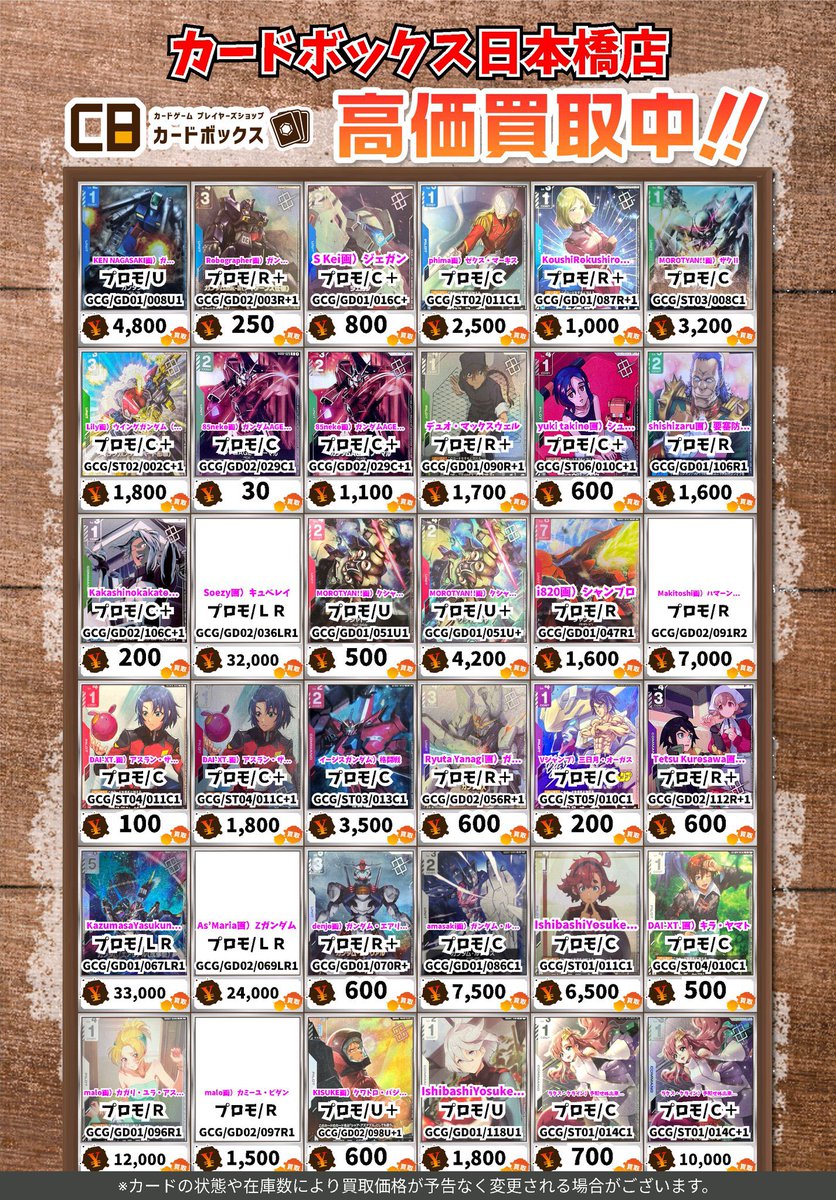 CB日本橋店ガンダムカードゲーム買取表 【注意事項】 ・上限枚数集まり