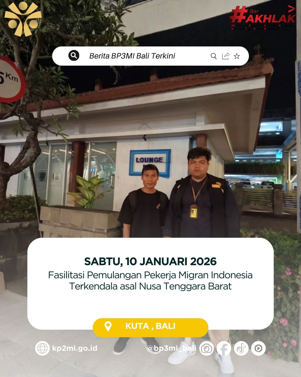 bp3mi_bali's tweet photo. ✈️ Fasilitasi Pemulangan PMI Terkendala ✈️

Pada Jumat, 10 Januari 2026, BP3MI Bali telah melaksanakan kegiatan fasilitasi pemulangan 1 (satu) orang PMI terkendala dari Taipei menuju daerah asal (NTB) dengan transit di Bali. https://t.co/LYmLhsLOWG