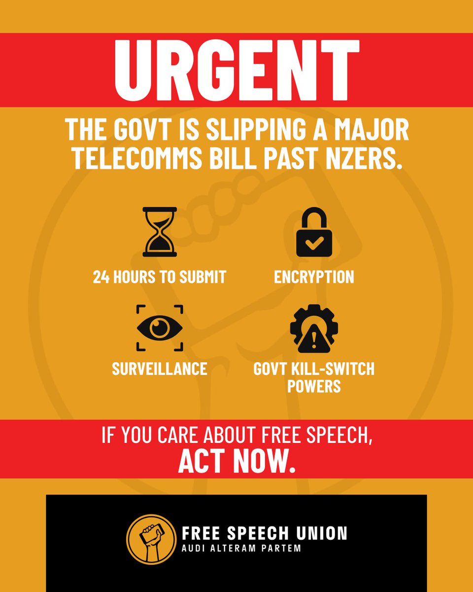 You don’t need to understand telecommunications law to understand that the Government is rushing through a bill that gives it more power over how New Zealanders communicate online.

Encryption. Surveillance. Control over services.

⏰ We have 24 hours to submit on the Bill.