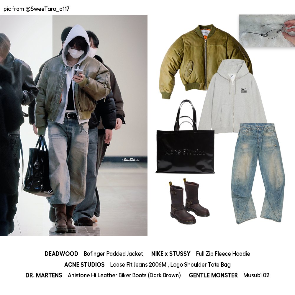260113 출국 #쇼타로 착장 정보
 
자켓_DEADWOOD
후디_NIKE x STUSSY
바지, 가방_ACNE STUDIOS
신발_DR. MARTENS
안경_GENTLE MONSTER

#SHOTARO #ショウタロウ #RIIZE