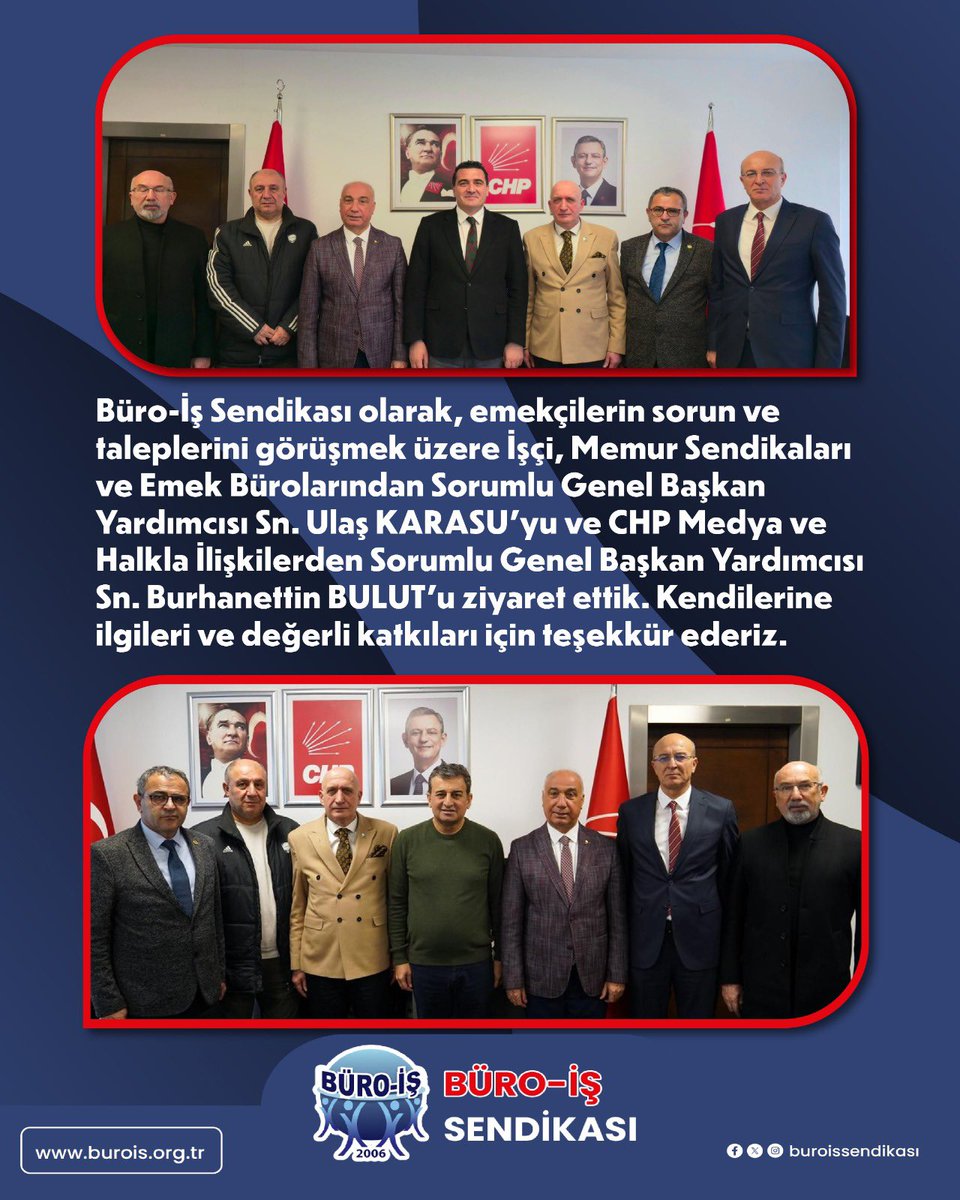 Büro-İş Sendikası olarak, emekçilerin sorun ve taleplerini görüşmek üzere İşçi, Memur Sendikaları ve Emek Bürolarından Sorumlu Genel Başkan Yardımcısı Sn. Ulaş KARASU'yu ve CHP Medya ve Halkla İlişkilerden Sorumlu Genel Başkan Yardımcısı Sn. Burhanettin BULUT'u ziyaret ettik.