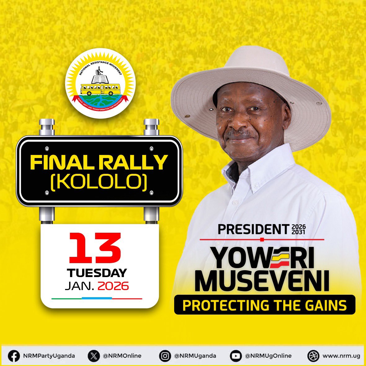 Climax!

He's traversed the entire country in the last three months, preaching the gospel of #ProtectingTheGains. And today, our beloved leader, the Old Man with a hat, <a href="/KagutaMuseveni/">Yoweri K Museveni</a>, will address the country at a grand rally scheduled to take place at Kololo Independence