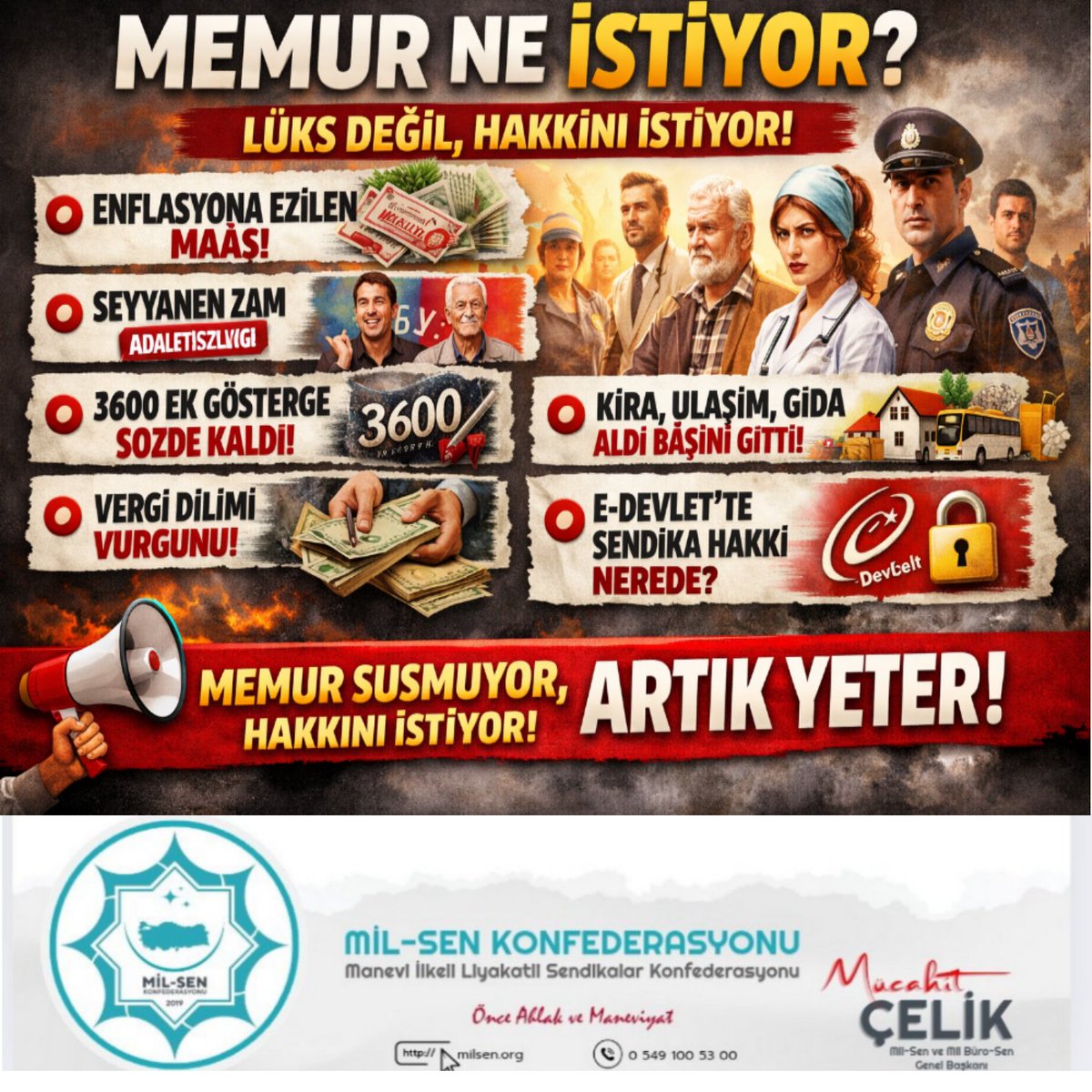 🔴 Enflasyona ezdirilen maaşlar
Açıklanan rakamlar mutfağa uymuyor. Maaşlar her ay biraz daha eriyor.

🔴 Seyyanen zam adaletsizliği
Çalışana var, emekliye yok! Aynı emeğin karşılığı neden farklı?

🔴 3600 ek gösterge hâlâ sözde
Verilen sözler tutulmadı, beklenti hayal
