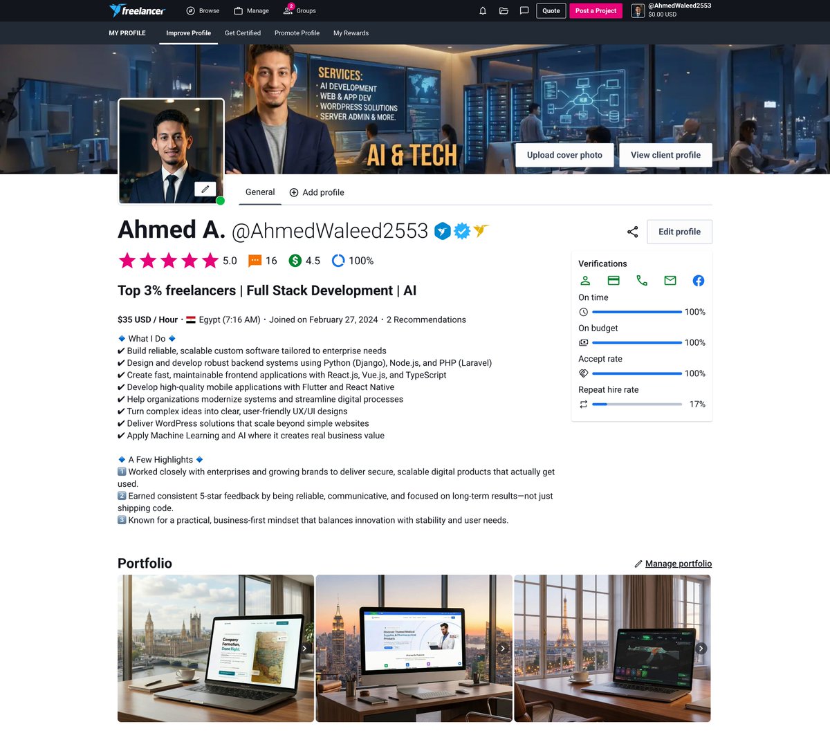 CodingWithAhmed's tweet image. My freelancer's profile has just got an upgrade
What do you think about it? @freelancer 

#freelance #SoftwareEngineering #Software #BuildingInPublic