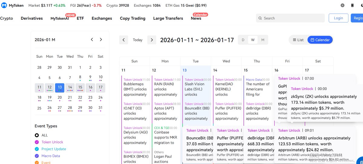 MyTokencap's tweet image. 📣 We've got a new feature on the website

Through our brand-new 🗓️CRYPTO CALENDAR, you can now track👇
🔹Token Unlocks
🔹Project Update
🔹Macro Data
🔹Crypto Events
🔹CEX &amp;amp; TGE
🔹Airdrop
and other major milestones all in one place!

💎Filter events based on type and switch…