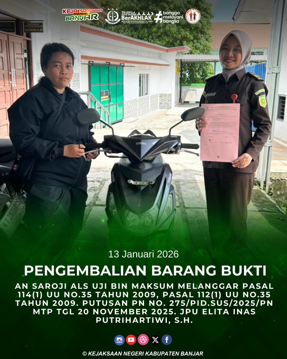 instagram.com/p/DTcSXZKD2fo/…
Selasa, 13 Januari 2026 telah dilaksanakan Pengembalian BB an SAROJI als UJI bin MAKSUM melanggar Pasal 114(1) UU NO.35 TAHUN 2009, pasal 112(1) UU NO.35 TAHUN 2009. Putusan PN no. 275/Pid.Sus/2025/PN Mtp tgl 20 November 2025
<a href="/KejaksaanRI/">Kejaksaan RI</a>