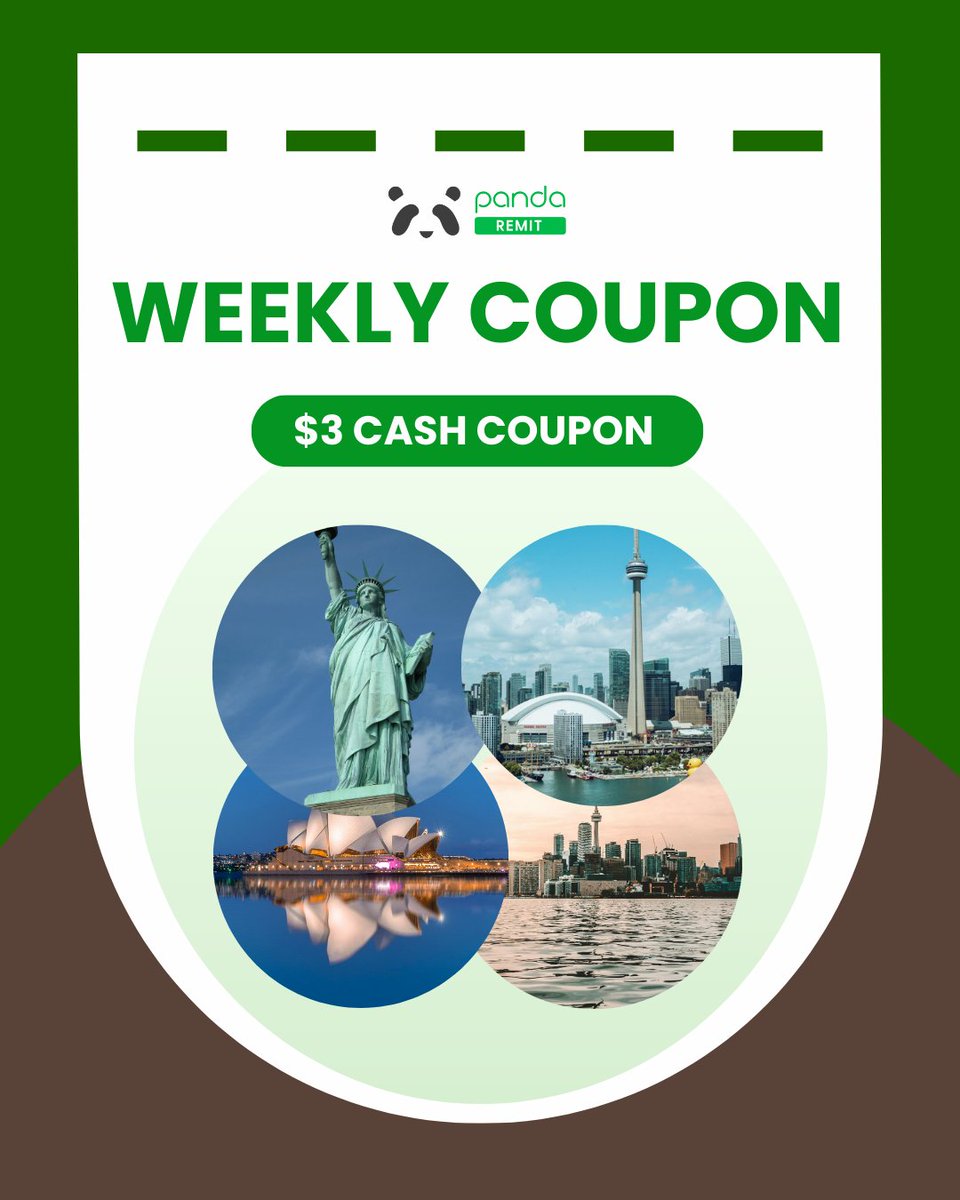 remit_panda's tweet image. 🌟 New Week, New Coupon! 💰

✨ 🇦🇺AUS/🇳🇿NZL/🇺🇸US/🇨🇦CAN: Enjoy a $3 Weekly Cash Coupon when sending over $1,000

#PandaRemit #coupon #Remittance #australia #canada #usa #newzealand #sendmoneyonline #moneytransferservice