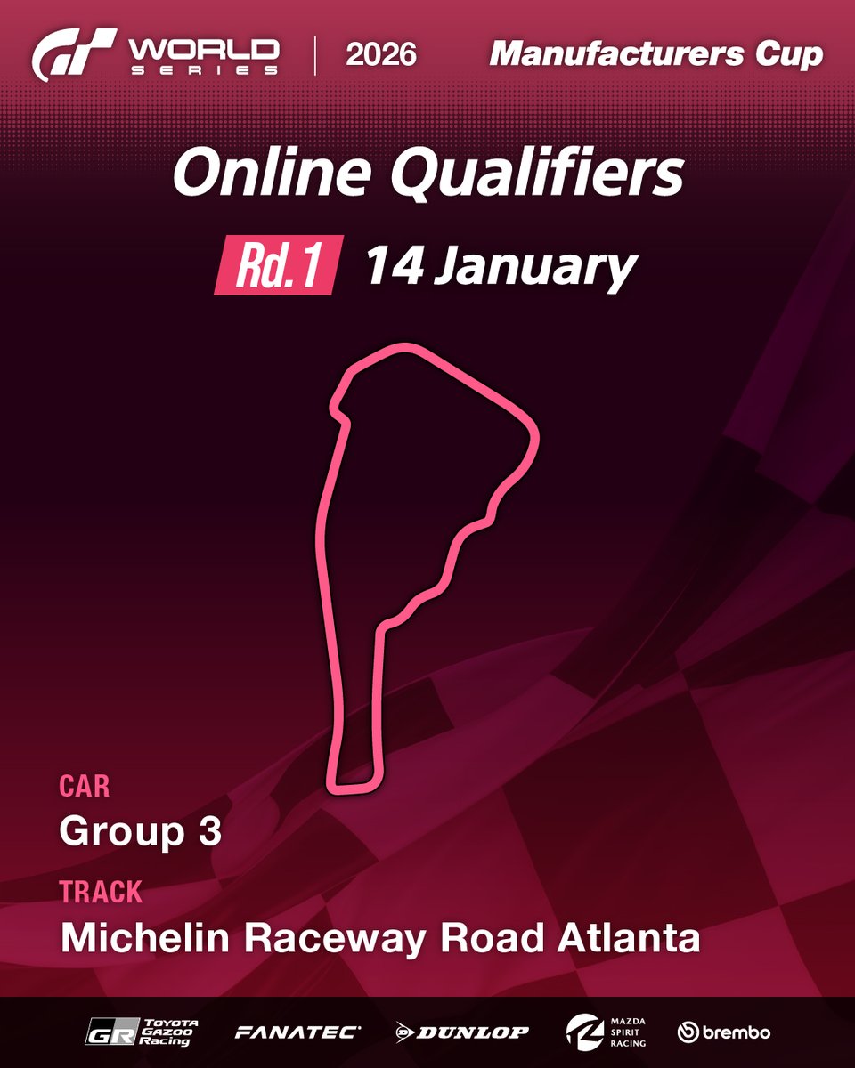 thegranturismo's tweet image. The Gran Turismo World Series 2026 Online Qualifiers are about to start!

Manufacturers Cup
Rd.1 | Wed 14 Jan

The season starts with Michelin Raceway Road Atlanta, known for its challenging elevation changes.

See you on track!

#GT7 #GranTurismo #GTWS