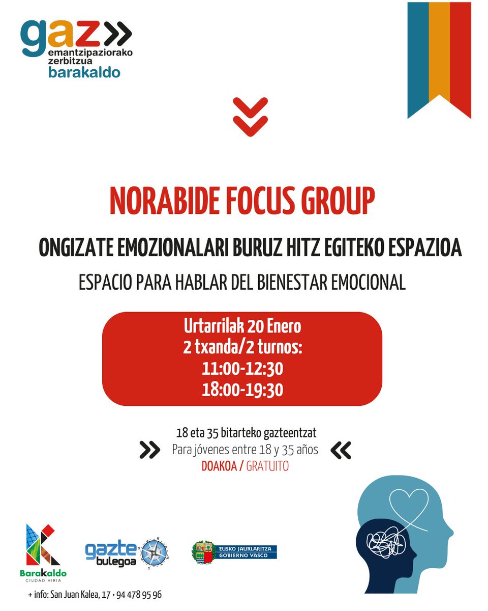 🧠 NORABIDE FOCUS GROUP

Parte hartu gure focus group-ean eta kontatu zer behar duzun, zerk kezkatzen zaituen eta zer landu nahiko zenukeen

Eguna: Urtarrilak 20
Ordua: 11:00 – 12:30 edo 17:30 – 19:00
Lekua: Gazte Bulegoa

WhatsApp: 688 639 935
Emaila: gaztebulegoa@barakaldo.eus