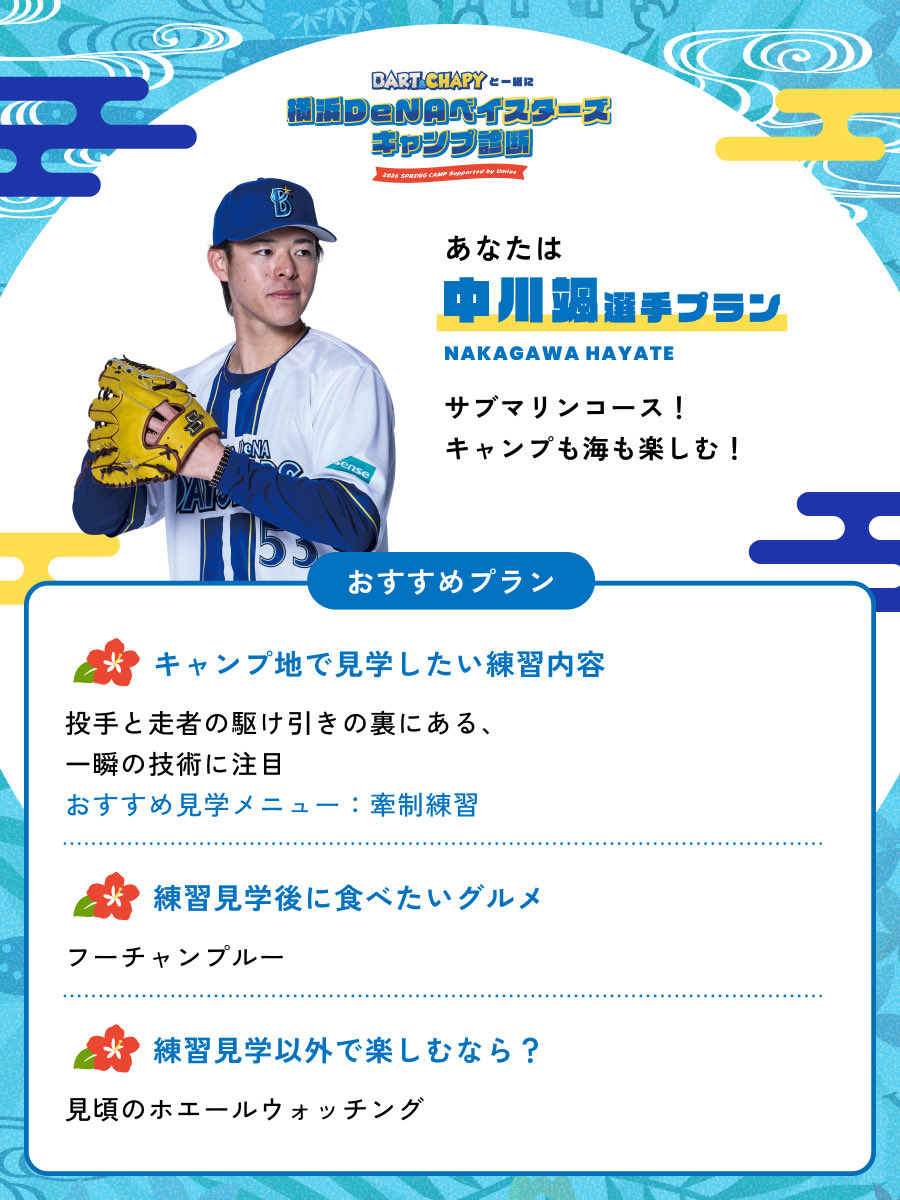 #ベイスターズキャンプ診断 で春季キャンプでの過ごし方を診断したよ！
私は「中川颯選手プラン」でした！

#baystars
#春季キャンプ
#宜野湾キャンプ
#嘉手納キャンプ
#baystarscamp
baystars.co.jp/team/camp/sp20…