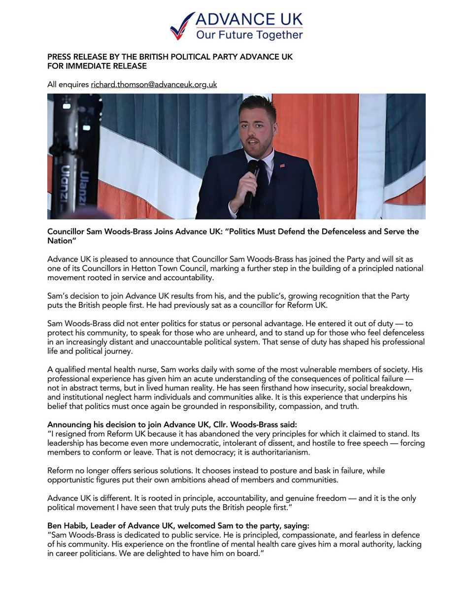 Councillor Sam Woods-Brass Joins Advance UK: “Politics Must Defend the Defenceless and Serve the Nation”

Advance UK is pleased to announce that Councillor Sam Woods-Brass has joined the Party and will sit as one of its Councillors in Hetton Town Council, marking a further step