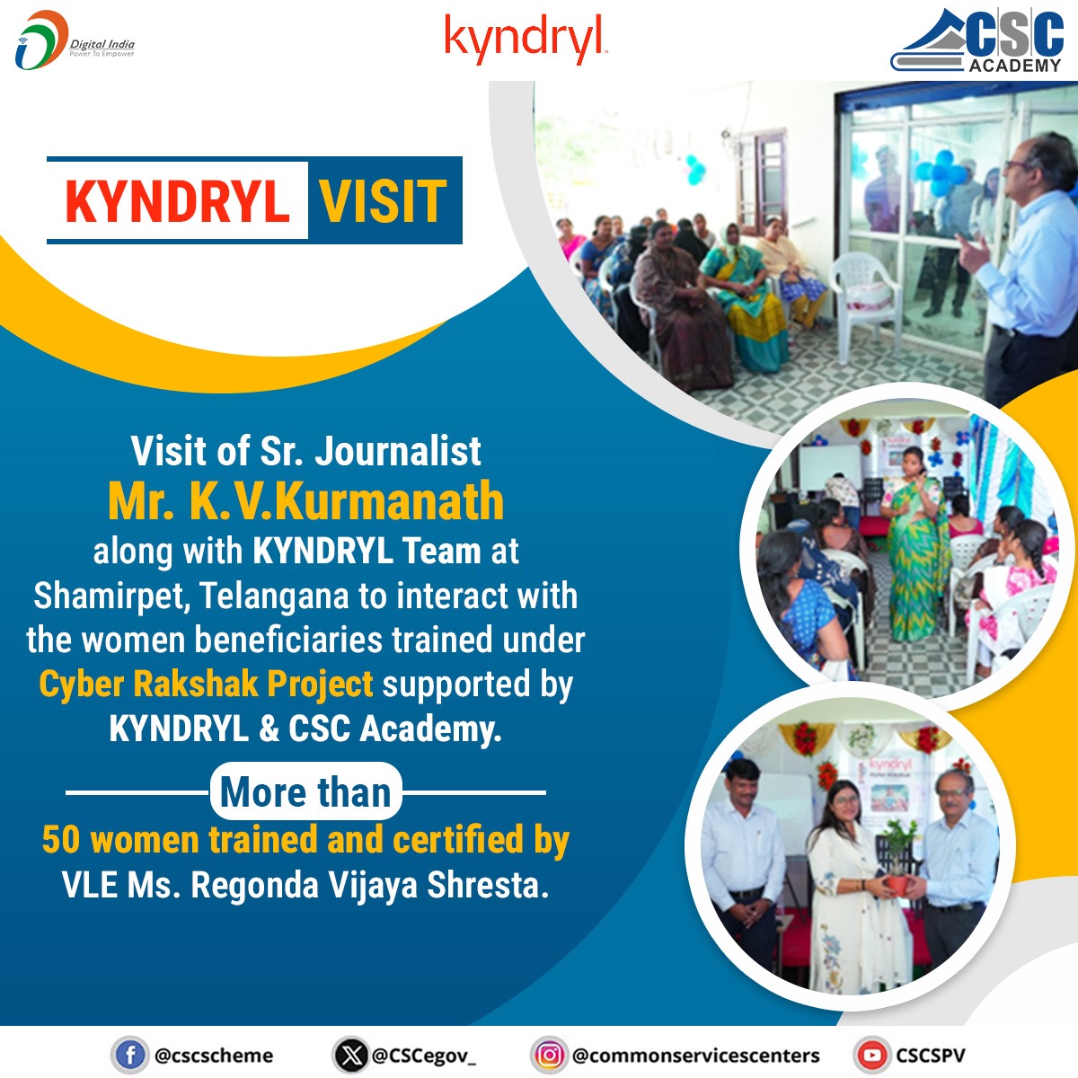 academy_csc's tweet photo. KYNDRYL Visit – Shamirpet, Telangana
Senior Journalist Mr. K. V. Kurmanath, along with the #KYNDRYL team, visited Shamirpet, Telangana to interact with women beneficiaries trained over 50 women under the Cyber Rakshak Project, supported by KYNDRYL and CSC Academy.
#CSCAcademy https://t.co/yP5cW7cDoH
