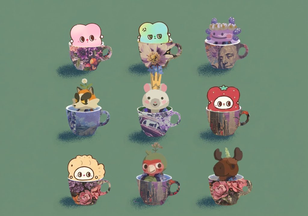 Nine cups of cuteility. ☕

Pick one. <a href="/Perenimals/">Perenimals</a> <a href="/Pipapu_PopX/">Pipapu</a> 
Or just have them all.