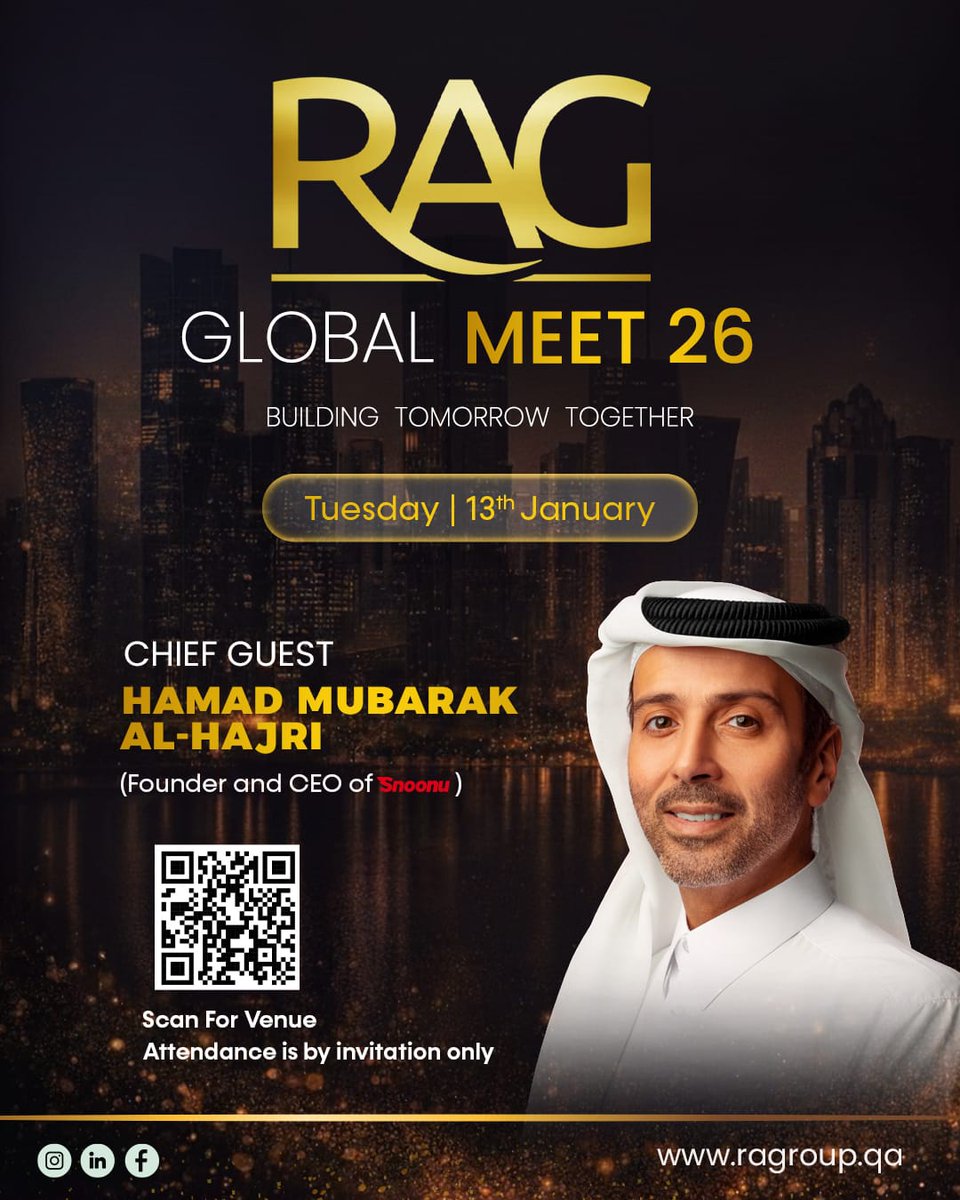 ragqatar's tweet photo. Welcoming our Chief Guest, Hamad Mubarak Al-Hajri, Founder &amp; CEO of Snoonu.

Where leadership, insight, and meaningful dialogue come together to shape what’s next.

RAG Global Meet 2026 | Building tomorrow together.

#RAGGlobalMeet2026 #BuildingTomorrowTogether #ragglobalmeet https://t.co/dA5N05Cy26