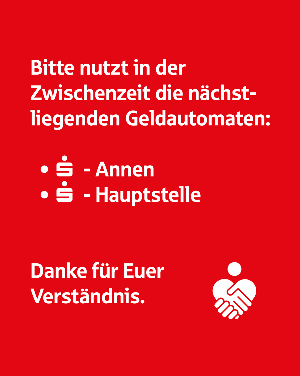 Während des Wochenendes haben bislang unbekannte Täter/innen den Geldautomaten im Selbstbedienungsstandort „Arthur-Imhausen-Str. 2“ schwer beschädigt.
Die Sparkasse Witten bittet die Kund:innen darum, auf das SB-Center der S-Hauptstelle oder anderer Filialen auszuweichen.