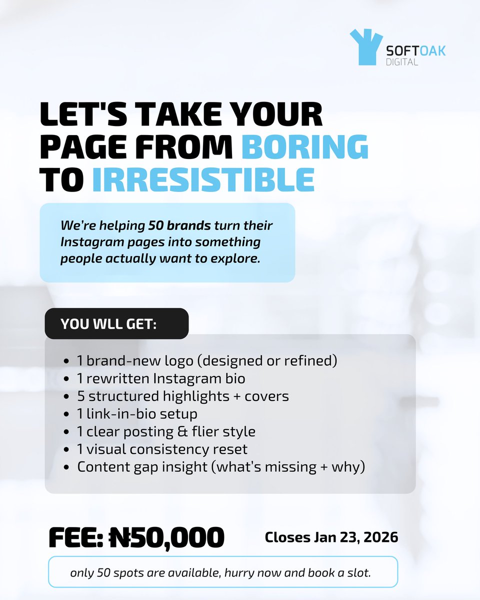 You promised to fo better with your business in 2026.
Booking a slot in the #FixMyBrandProject is where it starts.

Simply send a DM to book a slot today.

Remember, limited slots available.