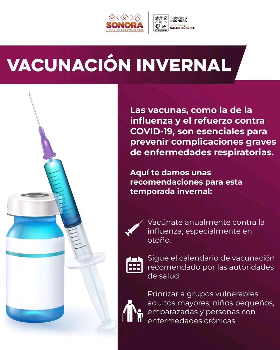 #Estatal .................... Vacunación contra Covid-19, clave para prevenir complicaciones en temporada invernal: <a href="/SSPSonora/">SSP Sonora</a>  .................... vía descierto.com ................. descierto.com/estatal/item/3… <a href="/gobiernosonora/">Gobierno del Estado de Sonora</a> <a href="/ssaludsonora/">Salud Sonora</a>