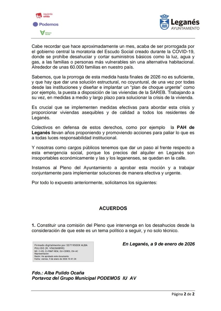 alba_pul's tweet photo. Desde nuestro Grupo Municipal Podemos-Izquierda Unida-Alianza Verde, llevamos al pleno de #Leganés la siguiente:

🔸️MOCION PARA CREAR UNA COMISION PLENARIA DONDE LA 
INSTITUCION SE IMPLIQUE EN LOS DESAHUCIOS. https://t.co/F2M7sziHNk