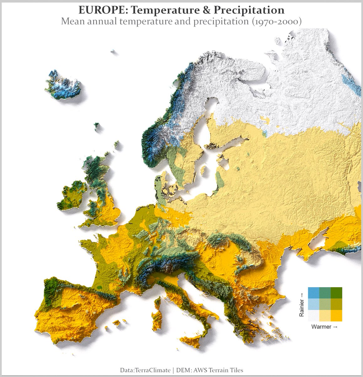 milos_gis's tweet image. Europe’s climate is a battlefield between warm air, mountains, and moisture.

My map combines mean annual temperature + precipitation (1970–2000):
•warmer → (yellow)
•rainier ↑ (blue/green)

What region on this map is the sweet spot for you?

#milosmakesmaps #cartography