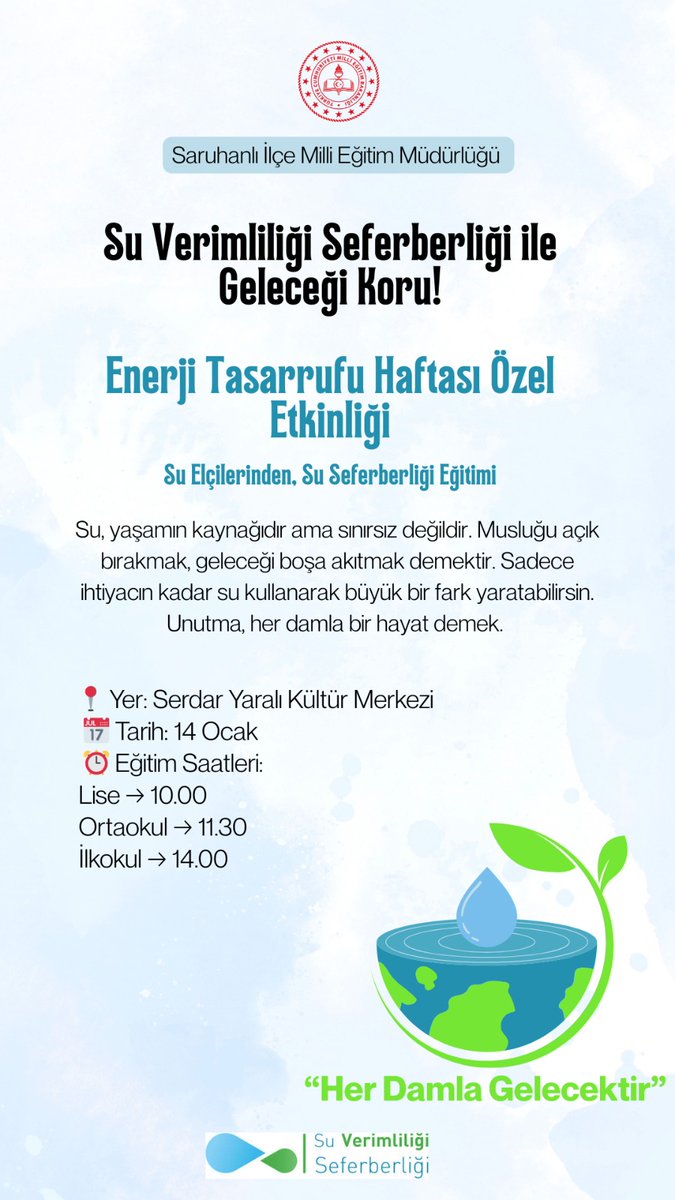 💧 Su Elçileri Saruhanlı’da!

Bakanlığımız tarafından yürütülen Su Seferberliği Projesi kapsamında, Manisa’da Su Elçisi öğrencilerimiz tarafından; Enerji Tasarrufu Haftası çerçevesinde ilkokul, ortaokul ve lise düzeyinde farkındalık eğitimleri gerçekleştirilecektir.
🌍♻️