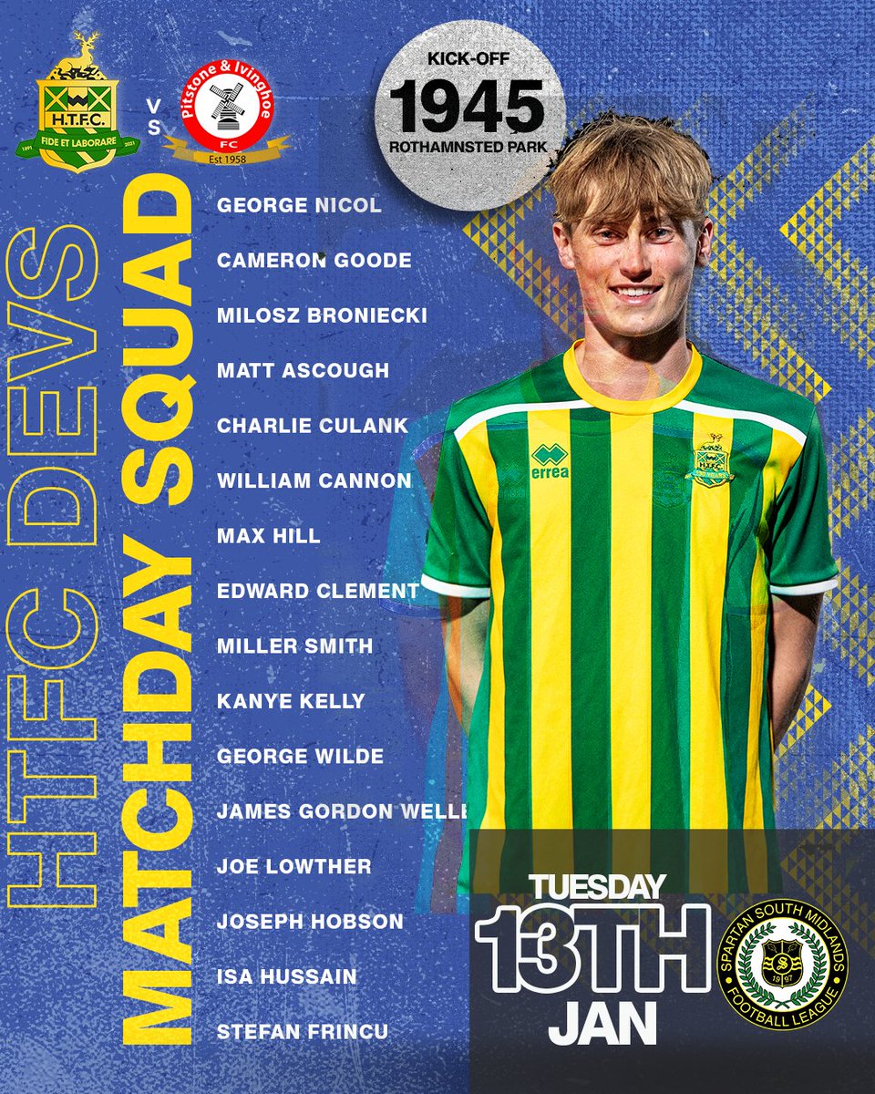 ᴍᴀᴛᴄʜ ᴅᴀʏ ᴛᴡᴇɴᴛʏ-ᴏɴᴇ

⚽️Town Devs vs Pitstone &amp; Ivinghoe United
🕑1945 KO Tues. 13th Jan. 2026
📍Rothamsted Park, AL5 2EF
🎟️ <a href="/SSMFLOfficial/">Spartan South Midlands Football League Official</a>